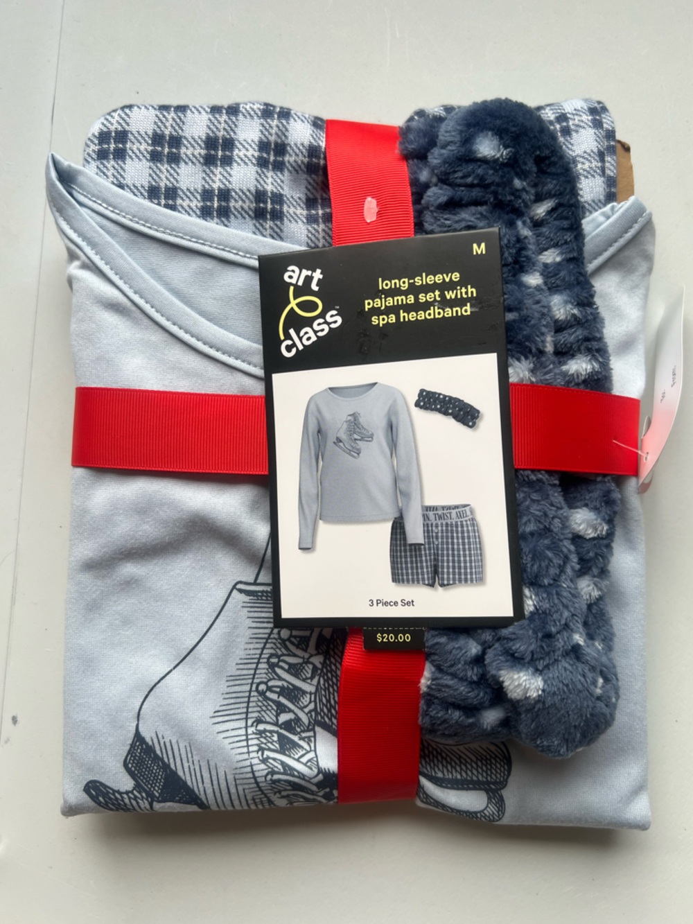 art class Light Blue Pajama Set with Red Ribbon Accent